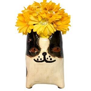 French Bulldog Ceramic Planter Hand Painted Dog Pot Brown White 6.5x4